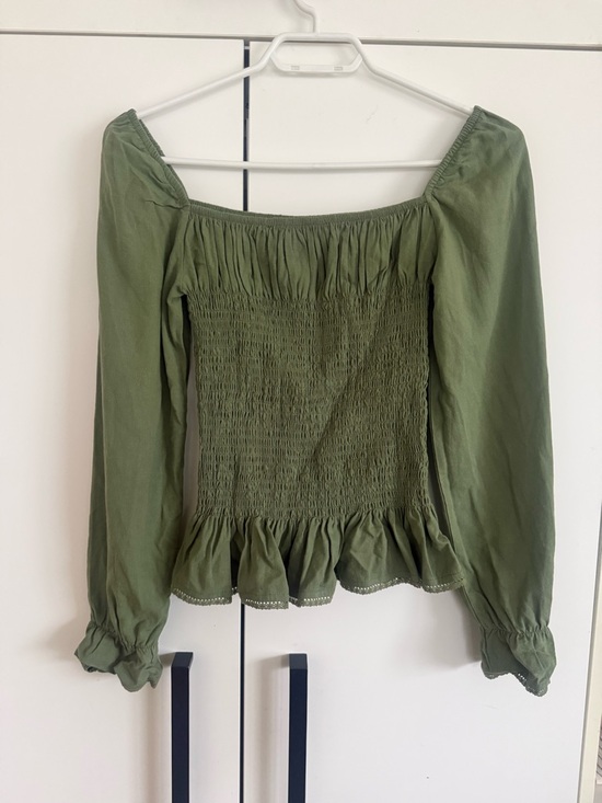 Tops - Olive Green Smocked Peasant Blouse with Ruffled Hem